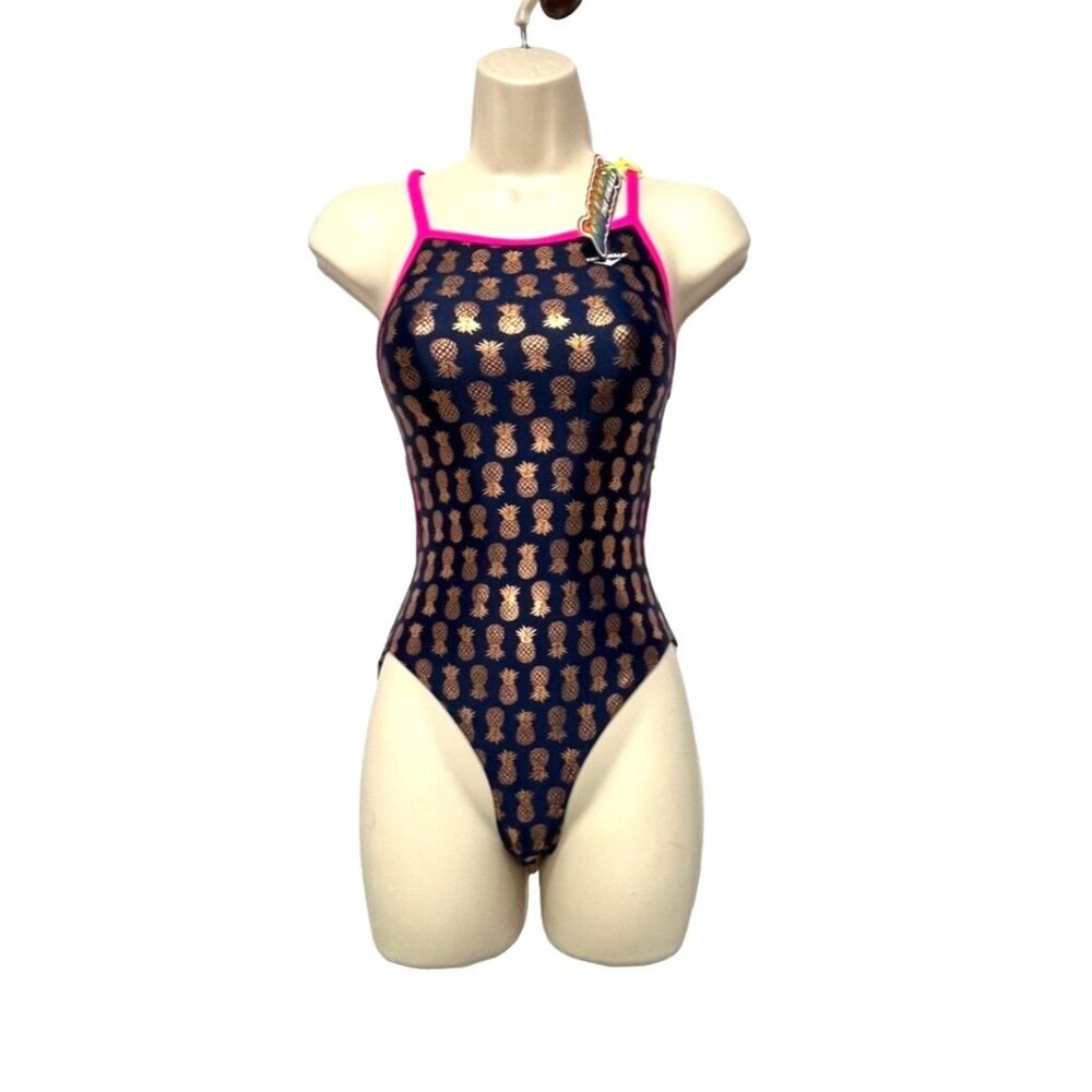 Finals Women's Aloha Foil Funnies Flutter Back Swimsuit(7896Y), Navy/Gold, Sz 26
